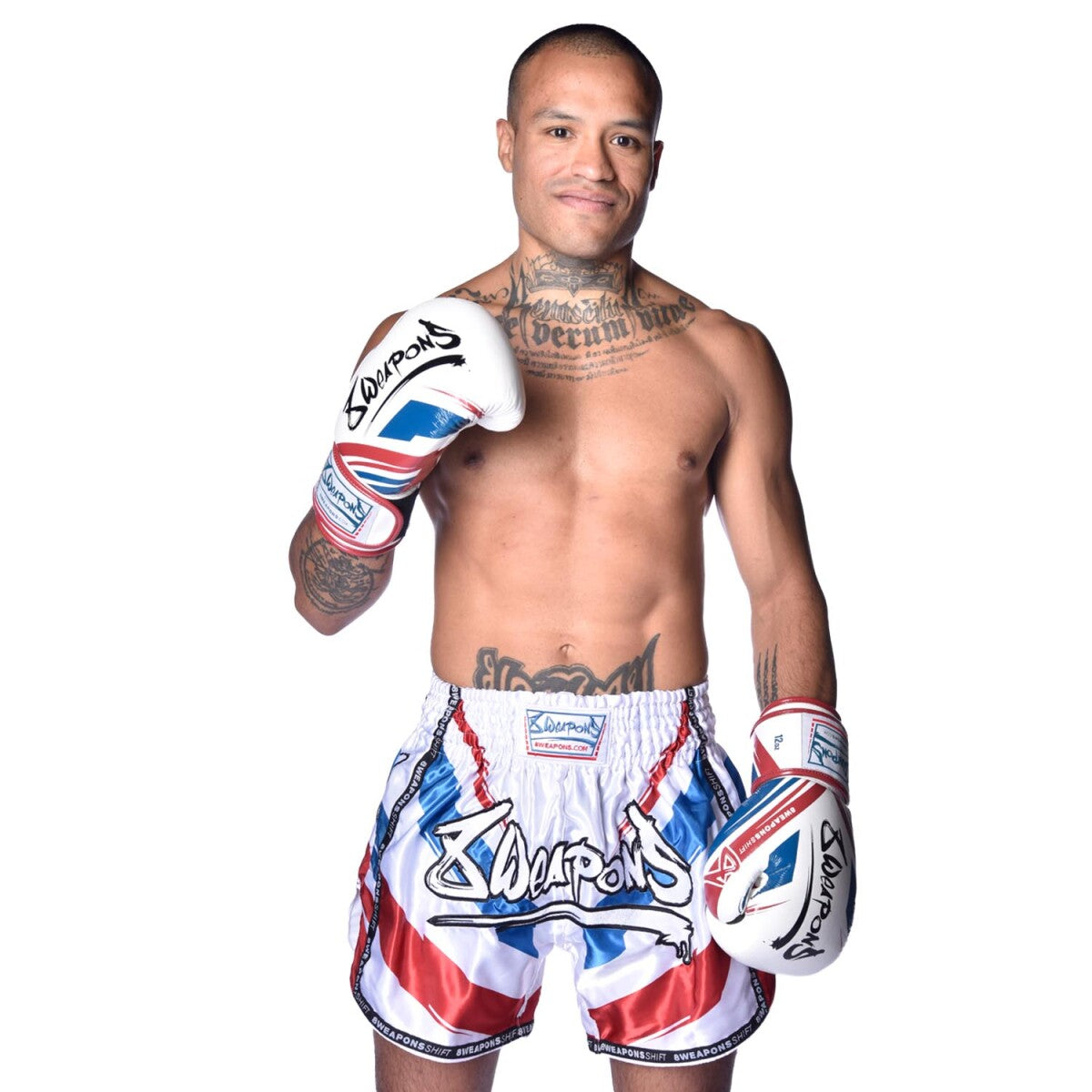 8Weapons Muay Thai Shorts, Shift, white-navy-red, L